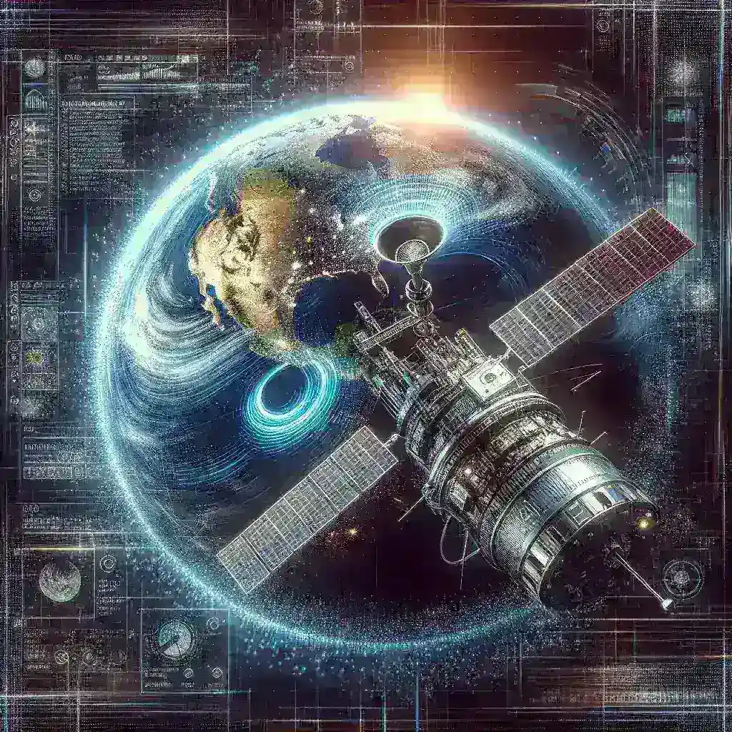 "Ilustrasi satelit baru BMKG yang digunakan untuk pemantauan El Niño dengan teknologi AI, menunjukkan integrasi inovasi modern dalam ramalan iklim."