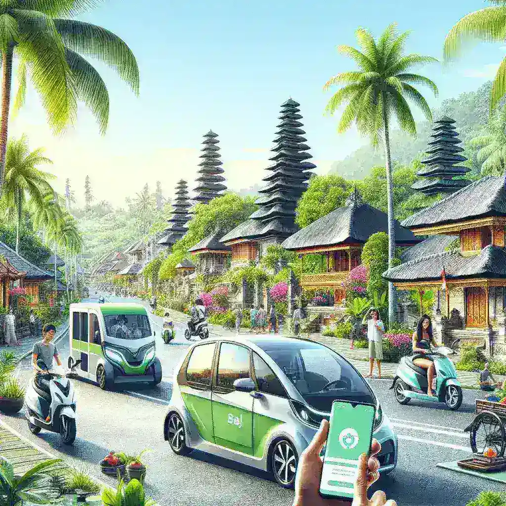 "Pengemudi menggunakan aplikasi transportasi ramah lingkungan di Bali, dengan latar belakang pemandangan alam yang indah dan kendaraan hijau."