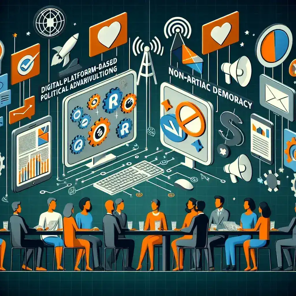 "Ilustrasi iklan politik digital di platform online, menggambarkan tren baru yang diatur oleh Kominfo untuk meningkatkan transparansi dan etika dalam kampanye politik di Indonesia."